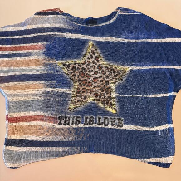 MARISMA Italy Semi Sheer Sweater Artsy Blue Leopard Star This is Love Coastal OS - Picture 3 of 6